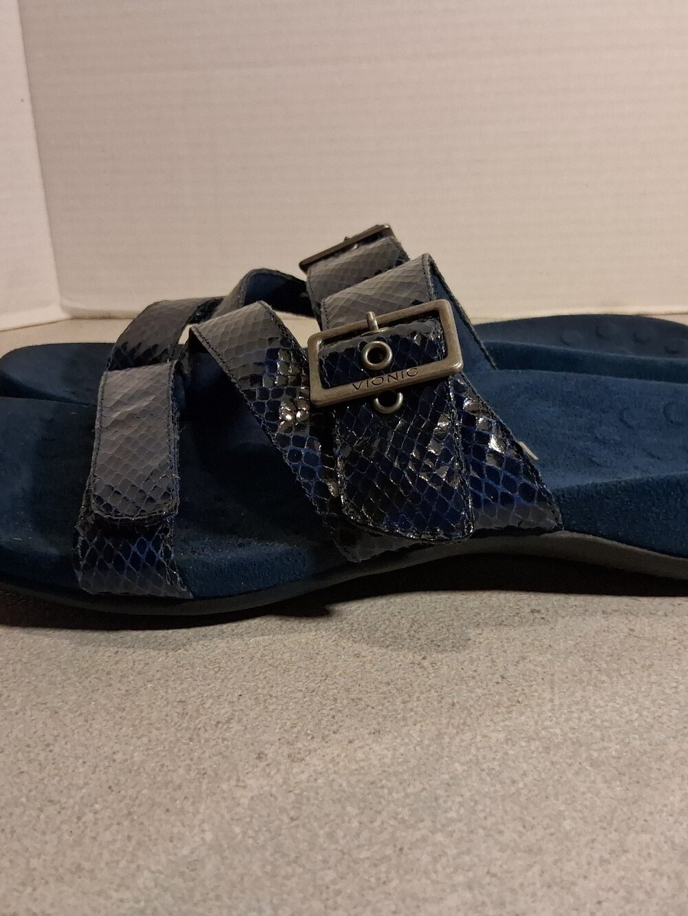 Vionic Skylar Navy Blue Slide Sandals with Embossed Snake Print 9 - Picture 5 of 9